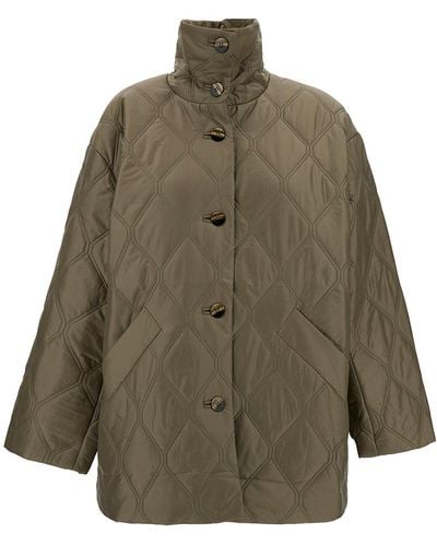 Ganni Quilted Jacket With High Neck And Buttons - Green