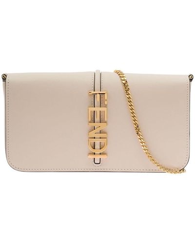 Fendi Graphy Wallet On Chain In Leather Woman - Natural