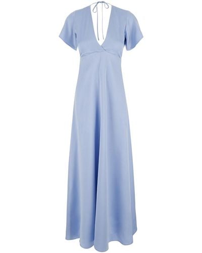 Plain Long Light Dress With Bow - Blue