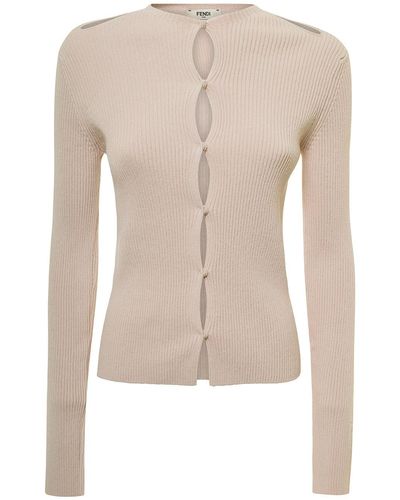 Fendi Beige Ribbed Knit Cardigan With Cut-out Details In Cotton Blend Woman - Natural