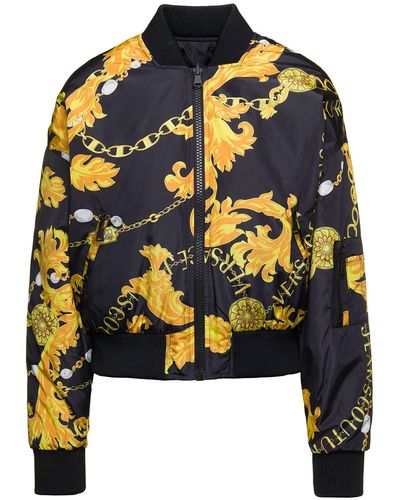 Versace Black Reversible Bomber With Baroque And Lettering Logo In Nylon - Blue