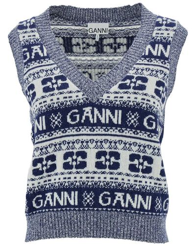 Ganni Graphic V-Neck Vest - Blue