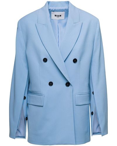 MSGM Light Double-Breasted Jacket With Buttoned Sleeves - Blue