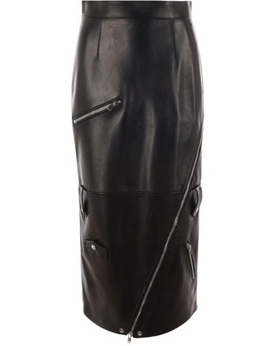 Alexander McQueen Long Black Skirt With Zip Embellishment In Smooth Leather