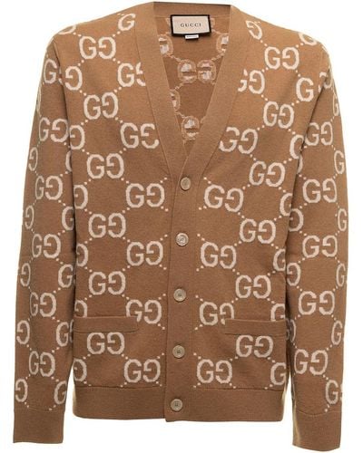 Gucci Beige Cardigan In gg Jacquard Wool Knit Man - Brown