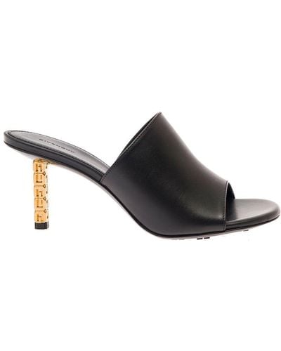 Givenchy Black Mule With Gold G Cube-shaped Heel And Branded Outer Sole In Leather