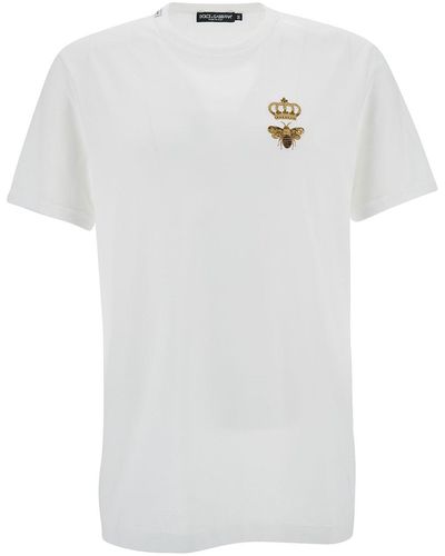 Dolce & Gabbana White Crewneck T-shirt With Bee And Crown Print In Cotton Man