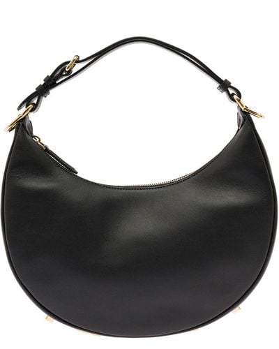 Fendi Woman's Hobo Graphy Leather Handbag With Metal Logo - Black
