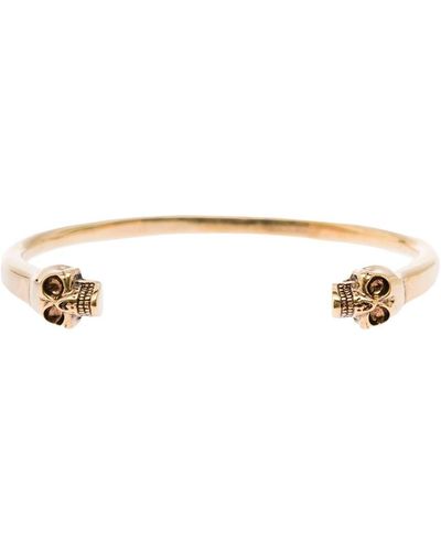 Alexander McQueen Gold-tone Cuff Bracelet With Twin Skull Motif In Brass - White
