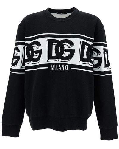 Dolce & Gabbana Black Crewneck Sweater With Dg Motif In Wool Blend Man - Blue