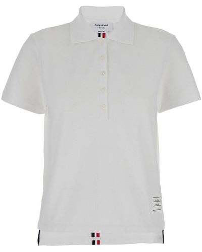 Thom Browne Relaxed Fit Short Sleeve Polo W/ Centre Back Rwb Stripe In - White