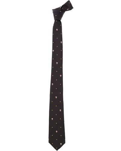 Alexander McQueen Cravatta pre-annodata con stelle e teschi in seta nera - Bianco