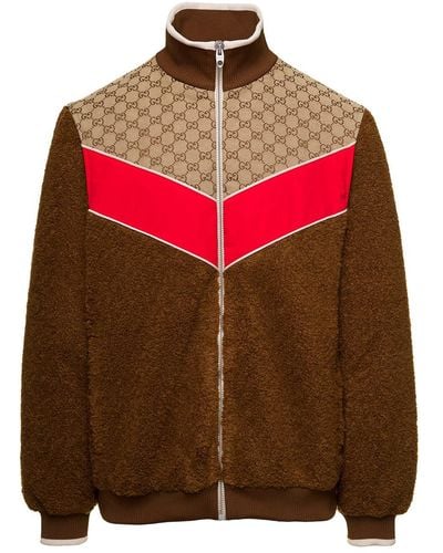 Gucci High Collar Zip-Up Jacket With Gg Pattern - Brown