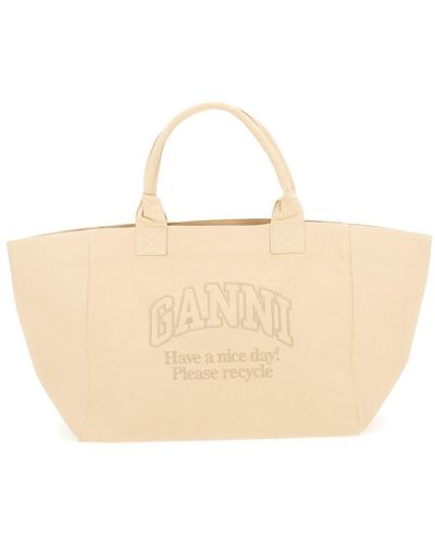 Ganni 'Xxl' Tote Bag With Tonal Embroidery - Natural