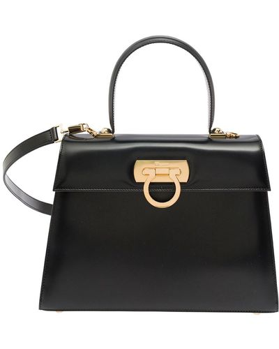 Ferragamo 'Iconic Top Handle L' Handbag With Gancini Buckle - Black