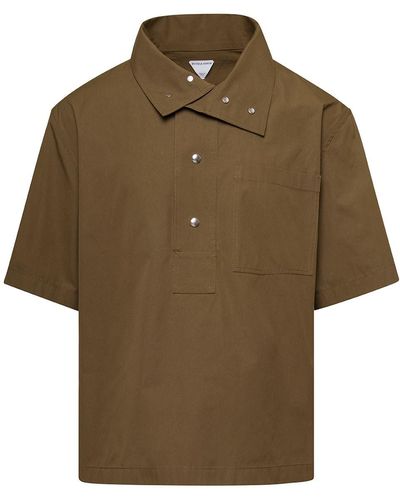 Bottega Veneta Dark Short Sleeve Shirt With Asymmetric Collar In Cotton Blend Man - Brown