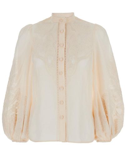 Zimmermann Blouse With Embroidery And Puffed Sleeves - Natural