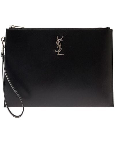 Saint Laurent Pouch With Metal Logo And Wrist Strap - Black