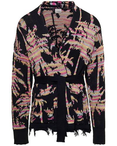 Laneus Belted Cardigan With Palm Jacquard Motif All-over In Cotton Man - Black