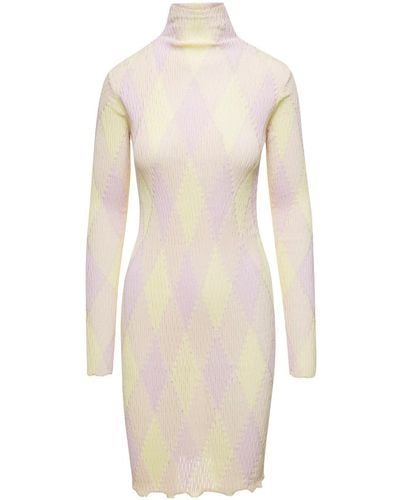 Burberry Pinkribbed Knit Dress With Argyle Check Pattern - White