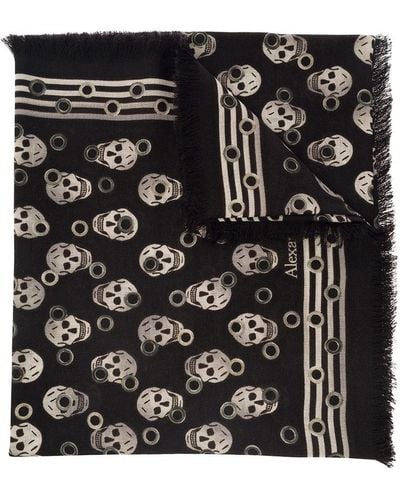 Alexander McQueen Scarf With All-Over Skull Print And Fringed He - Black