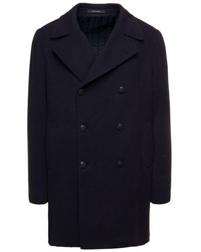 Tagliatore 'stefan' E Short Double-breasted Coat In Wool And Cashmere Man - Blue
