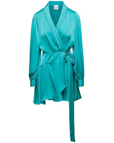 Plain Mini Satin- Wrap Dress With Long Sleeves - Blue