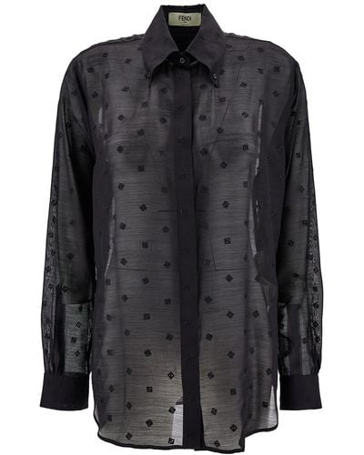 Fendi Shirt With Ff Logo Embroideries In Silk And Wool - Black