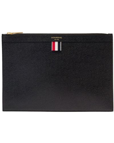Thom Browne Black Document Holder With Grained Texture And Web Detail In Leather Man