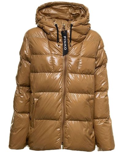 Pinko Eleodoro Mustard Down Jacket In Shiny, Padded And Quilted Fabric Woman - Brown
