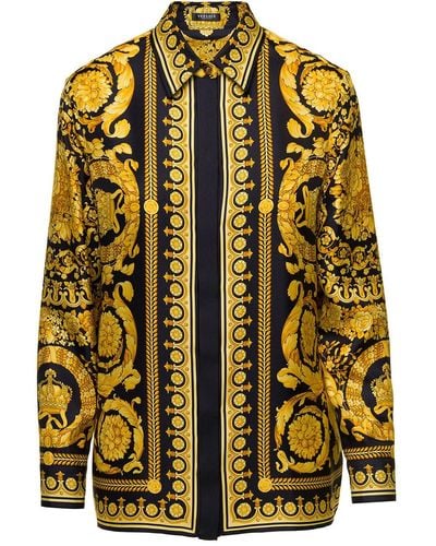 Versace Camicia Stampa Barocco In Seta Gialla E Nera Donna - Yellow