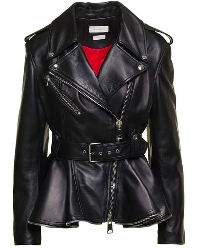 Alexander McQueen Peplum Leather Biker Jacket - Black