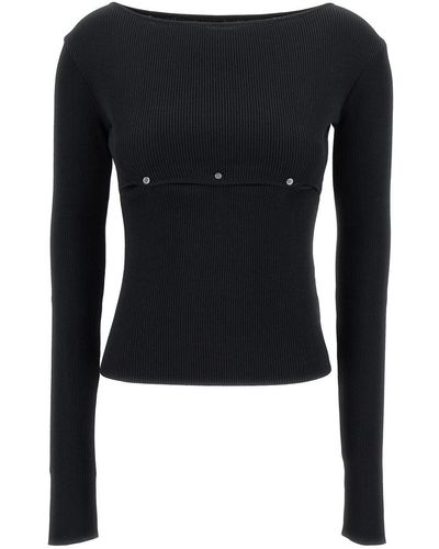 Low Classic Ribbed Top With Boat Neckline And Buttons - Black