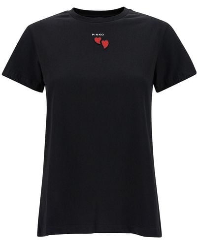 Pinko Crewneck T-Shirt With Logo And Heart Embroidery - Black