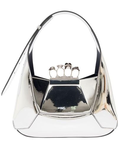 Alexander McQueen Silver Hobo Bag With Four Rings Detail In Fabric Woman - White