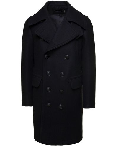 DSquared² Black Coat With Double-breasted Fastening And Branded Buttons In Wool