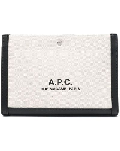 A.P.C. Pochette 'camille 2.0' con inserti in pelle e logo in cotone e lino bianco donna - Neutro