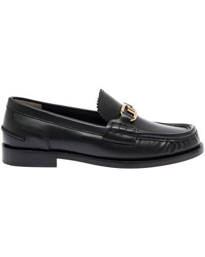 Fendi Woman's Leather Loafers With Ff Buckle - Black