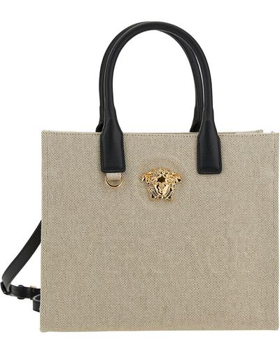 Versace 'la Medusa Small' White Tote Bag With Leather Handles And Logo Detail In Canvas Woman - Natural