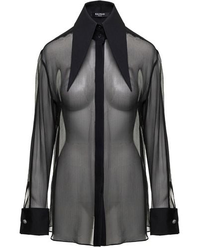 Balmain Camicia con colletto a punta oversize in seta nera - Nero