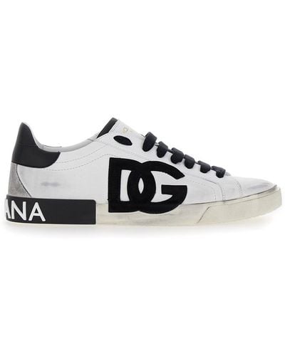 Dolce & Gabbana 'Portofino' And Low Top Sneakers With Logo Patch And Used Effect - White