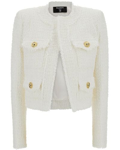 Balmain Cropped Tweed Jacket - White