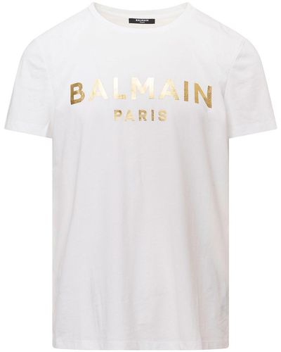 Balmain Maglietta bianca con stampa logo metallico - Bianco