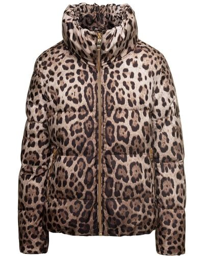 Dolce & Gabbana Brown Down Jacket With High-neck With All-over Leo Print In Nylon Woman