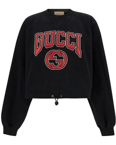 Gucci Felpa Girocollo Cropped Con Stampa Logo - Nero