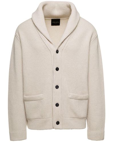 Roberto Collina Cardigan With Shawl Collar In Ribbed Wool And Cashmere - Natural