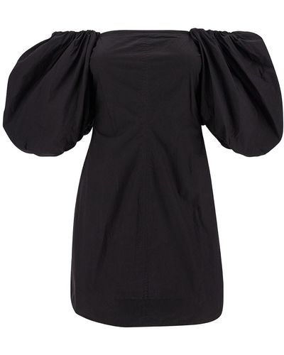 Ganni Mini Black Dress With Puff Sleeves In Cotton Woman