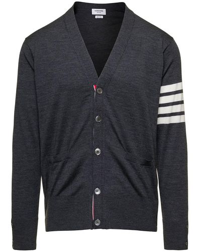 Thom Browne V-neck Cardigan With Stripe Detail In Wool - Black