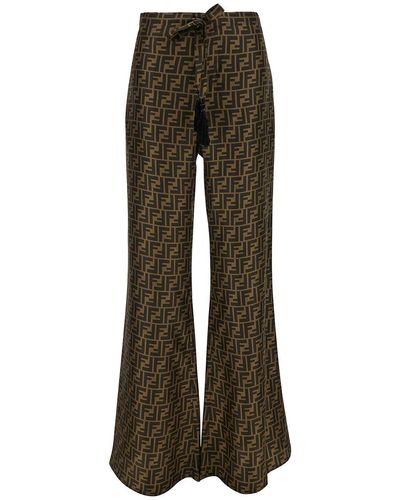 Fendi Flared Trousers With Ff Print And Drawstring In Silk - Brown