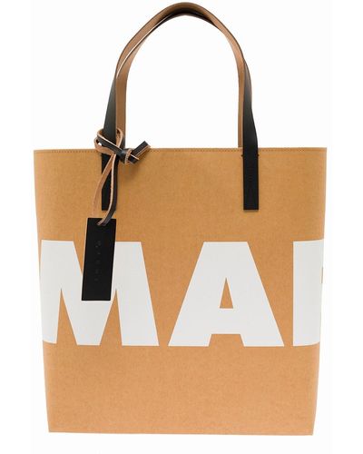 Marni Woman's Beige Paper Shopper Bag With Logo Print - Brown